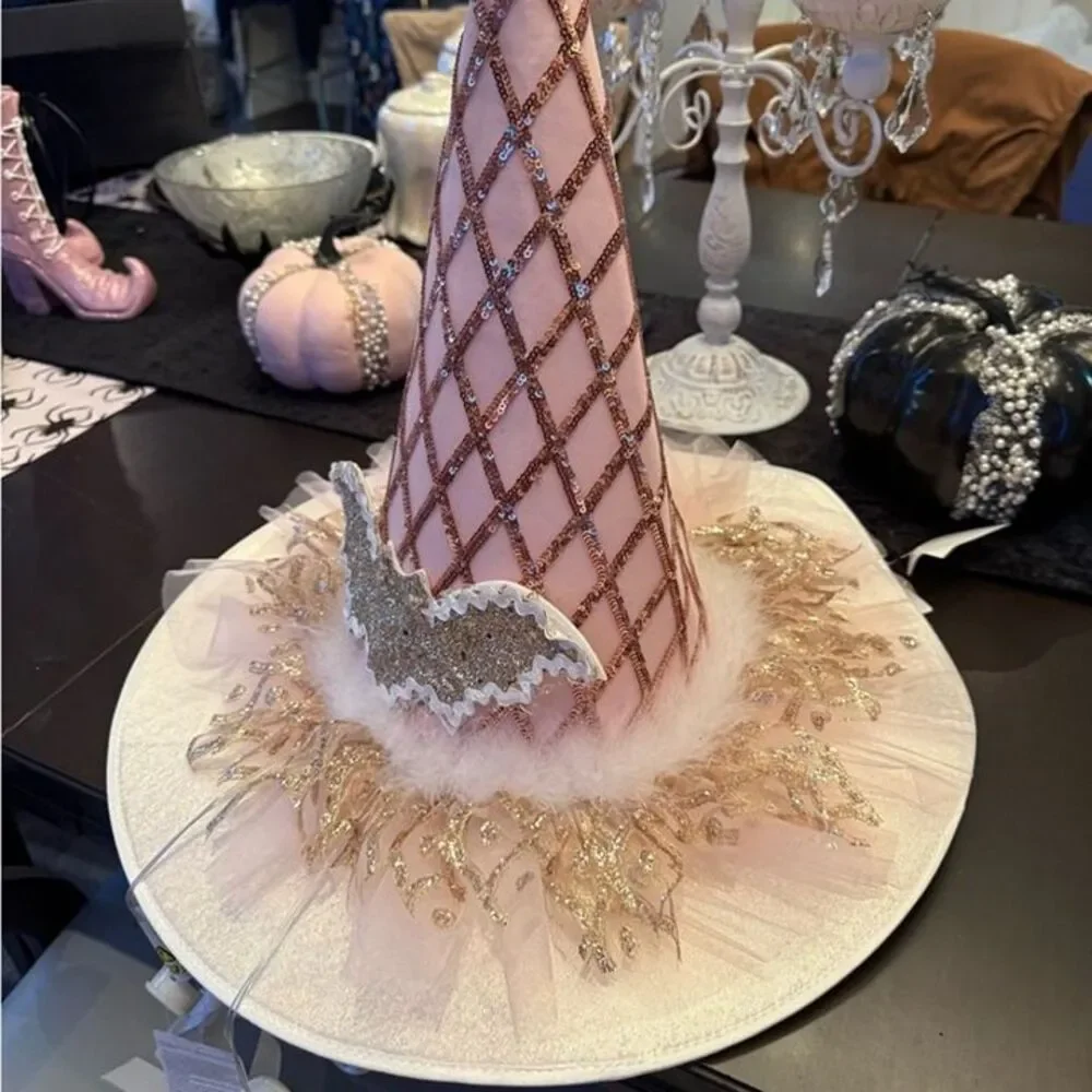 Shabby Chic Pink Pastel Halloween Witch Tulle Hat Tree Topper Decor NWT